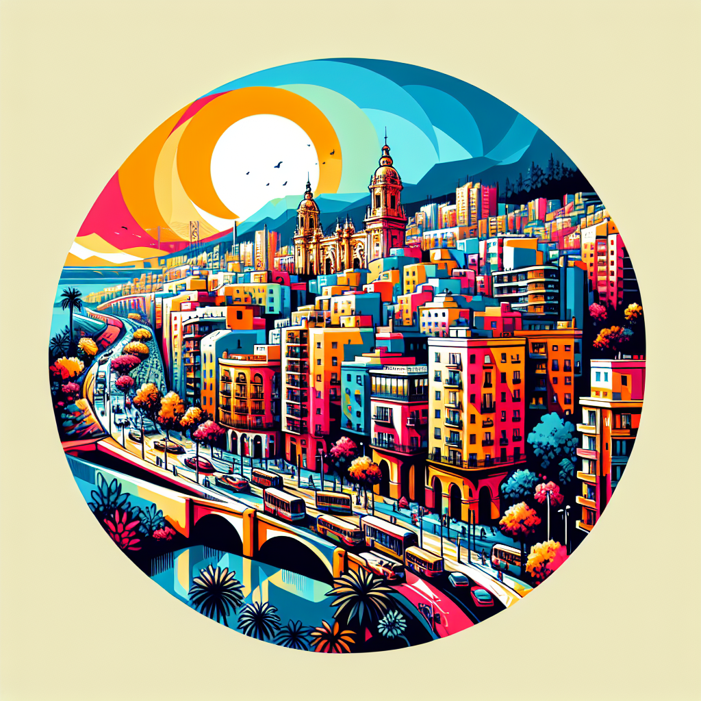 An illustration of urban scene highlighting the cultural and historical aspects of Malaga, emphasizing the importance of local identity in creating a strong brand.