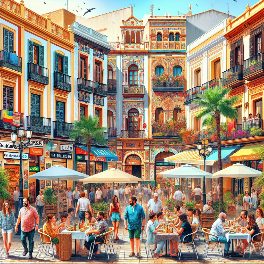 A lively street scene in Malaga showcasing local businesses with outdoor dining, people enjoying the sunny atmosphere, and vibrant storefronts, highlighting the importance of local SEO in marketing strategies.