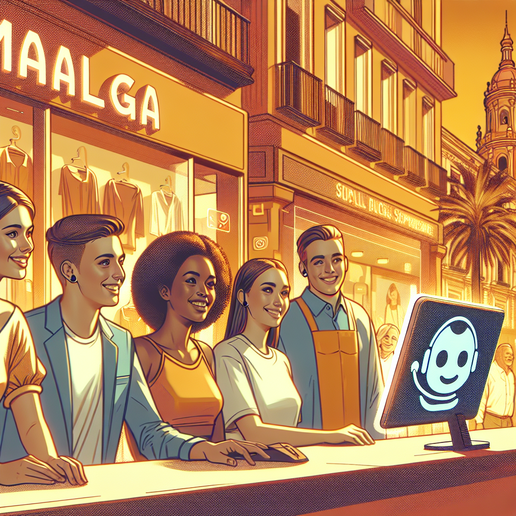 An AI-powered chatbot interface displayed on a computer screen, illustrating a friendly customer service environment with staff engaging customers digitally, set in a warm and inviting color scheme.