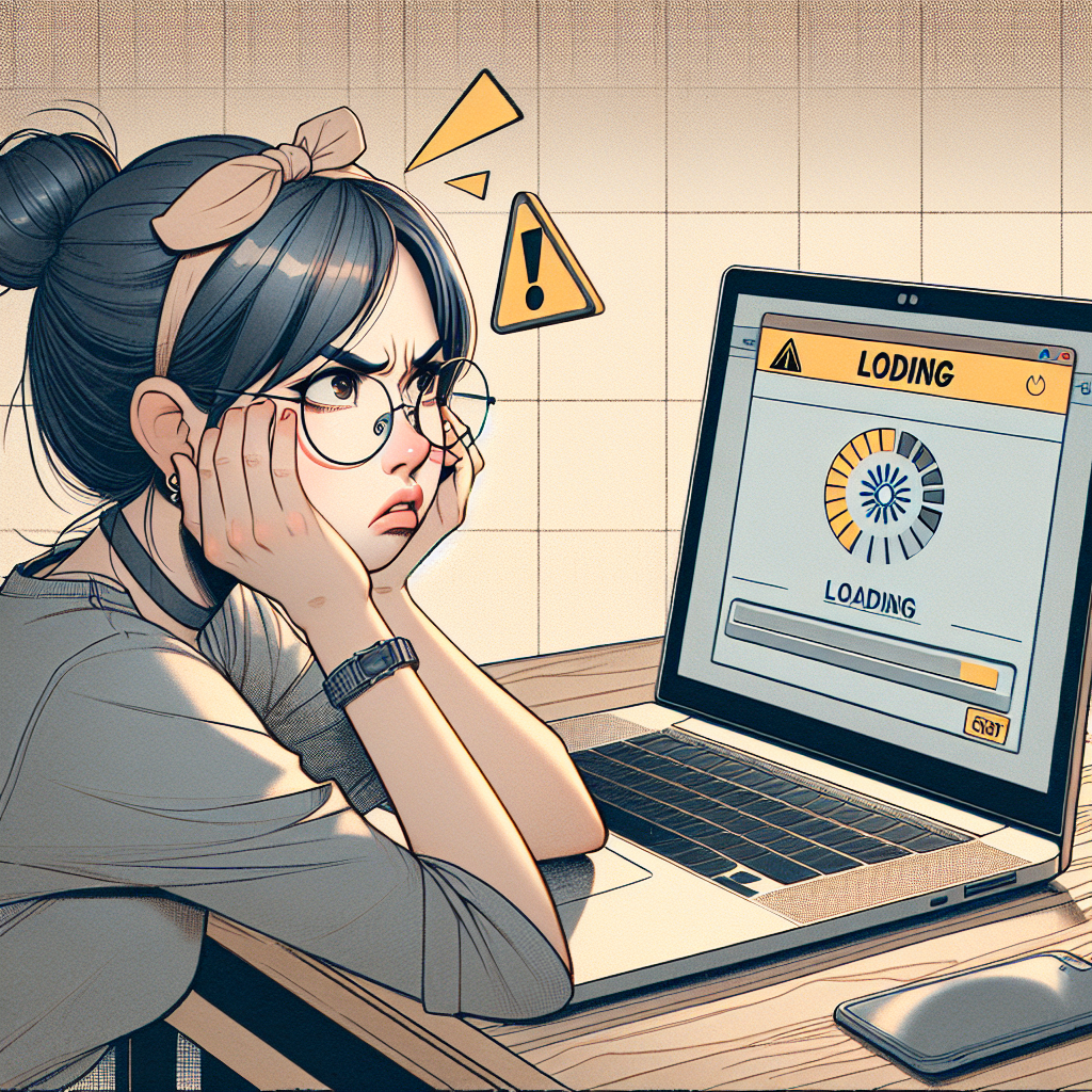 A frustrated user waiting for a slow website to load on their laptop, illustrating the impact of slow page speed on user experience and online advertising effectiveness.