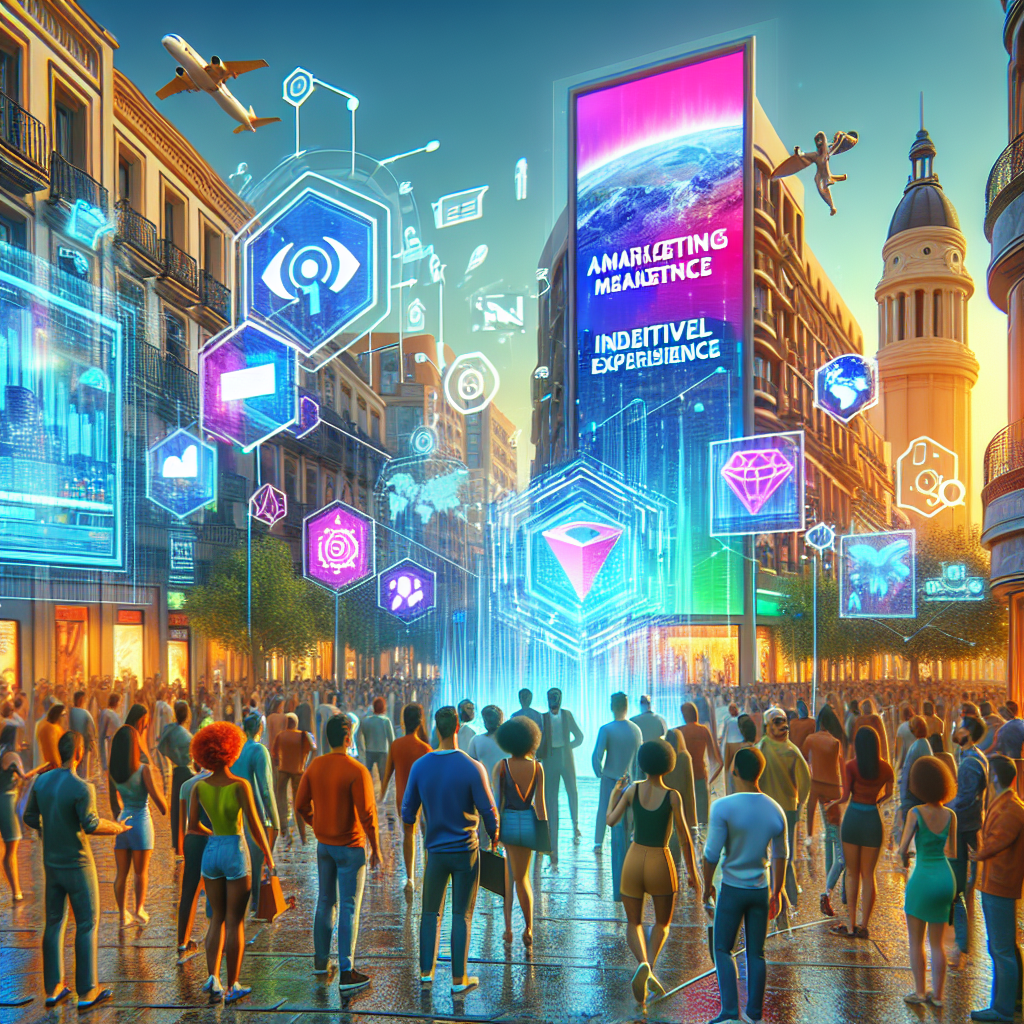 A vibrant scene of businesses in Malaga utilizing augmented reality and the Metaverse for digital marketing, featuring people interacting with virtual advertisements and products in an immersive urban environment.