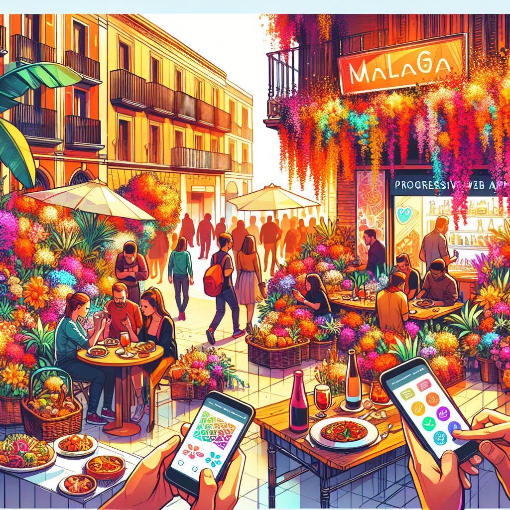 An engaging local business scene in Malaga featuring a flower shop and restaurant with visible smartphones displaying Progressive Web Apps, capturing the vibrant atmosphere of customer interaction and modern technology integration.