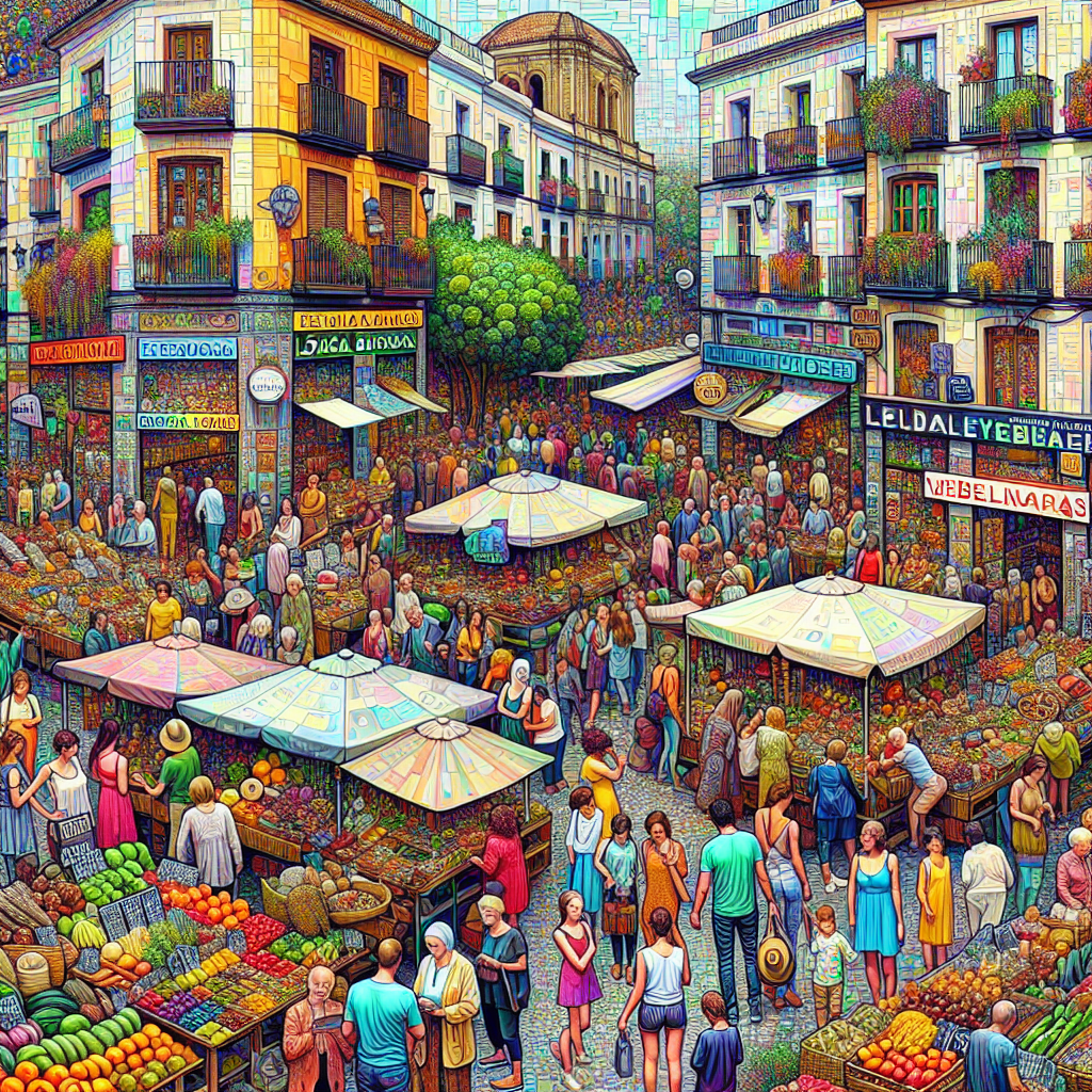A vibrant Malaga street scene showcasing local businesses and tourists, emphasizing the importance of local SEO with signage featuring local keywords.