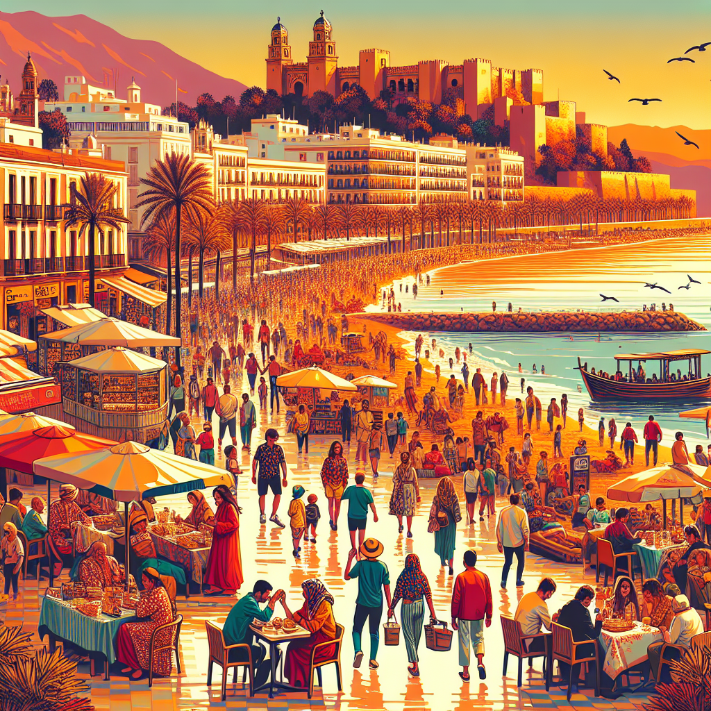 A vibrant depiction of Malaga's coastal attractions, showcasing famous landmarks like the Alcazaba alongside people engaging in dining and sightseeing activities, reflecting the lively atmosphere of the region.