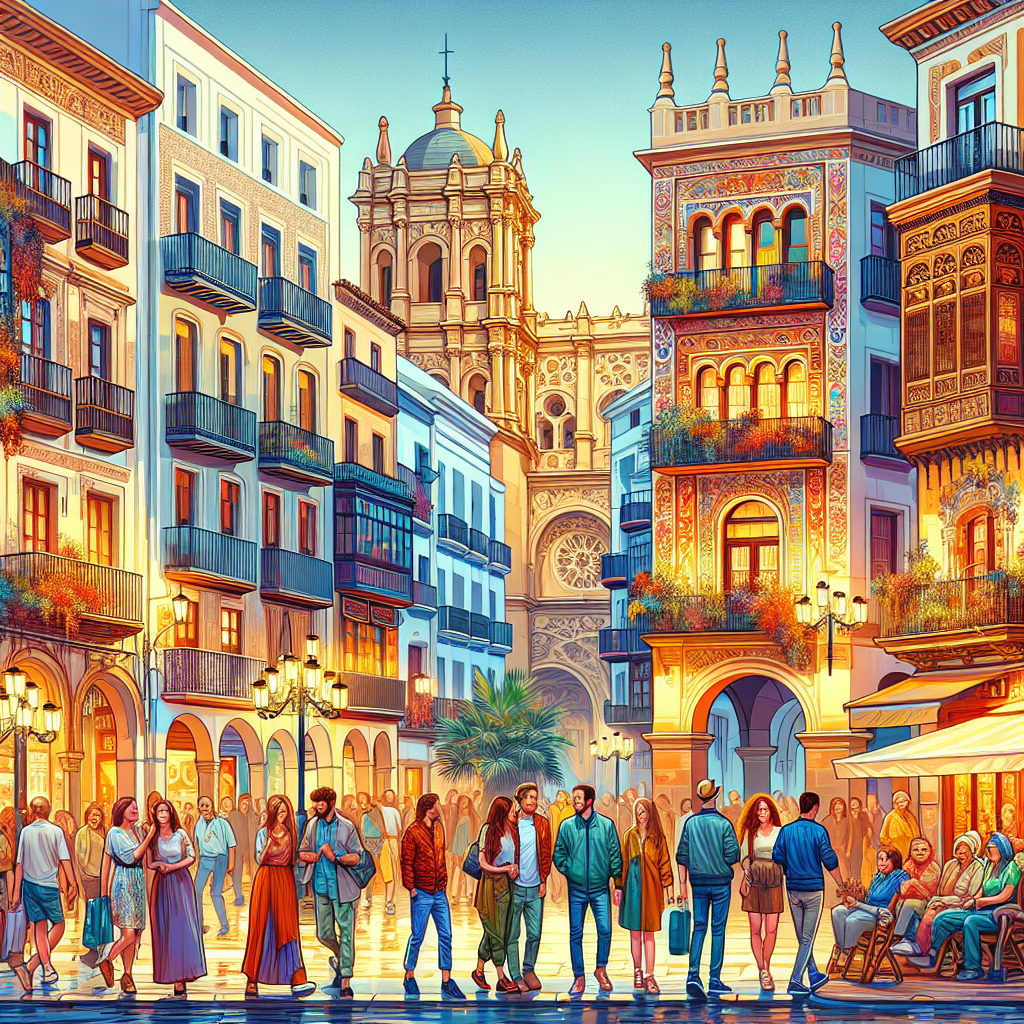 An engaging scene depicting Malaga's nightlife and historical landmarks, showcasing locals and tourists enjoying the city's ambiance in a vibrant and inviting atmosphere.