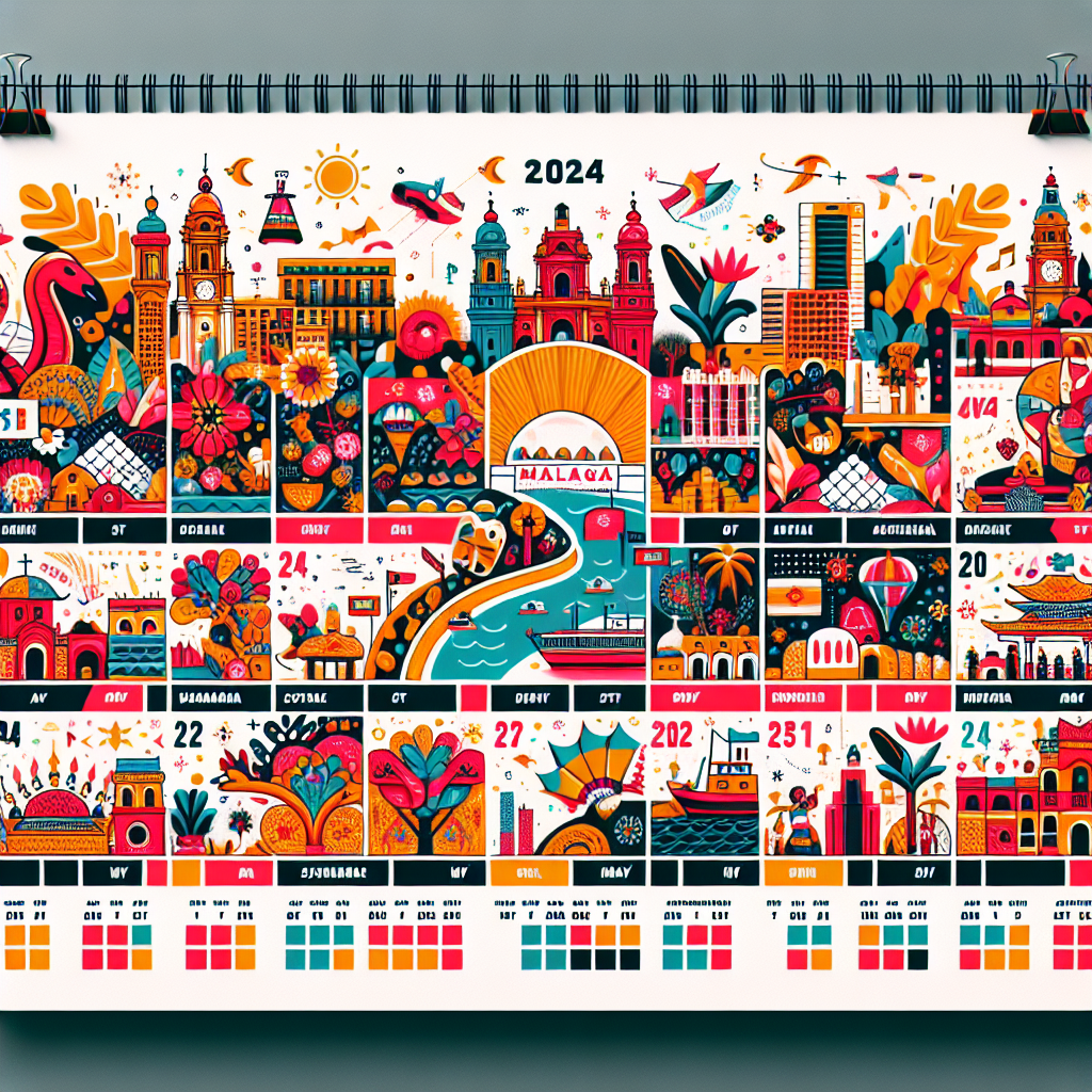 A colorful and detailed content calendar for 2024 showcasing Malaga's seasonal events and festivals, visually engaging with relevant graphic designs for marketing strategies and social media scheduling.