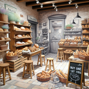 A cozy artisanal bakery in Malaga featuring a variety of freshly baked goods on display, highlighting the challenges of small business marketing and advertising.