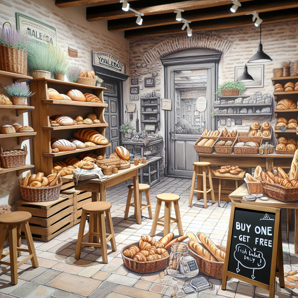 A cozy artisanal bakery in Malaga featuring a variety of freshly baked goods on display, highlighting the challenges of small business marketing and advertising.