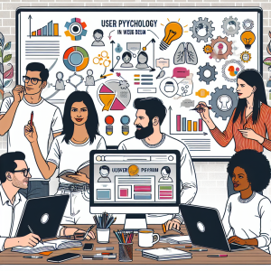 A digital marketing team brainstorming ideas for a high-converting landing page design, featuring colorful charts and a whiteboard, representing user psychology principles.