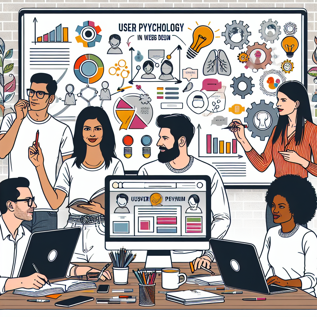 A digital marketing team brainstorming ideas for a high-converting landing page design, featuring colorful charts and a whiteboard, representing user psychology principles.