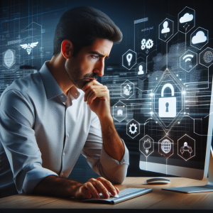 A small business owner in Malaga analyzes cybersecurity solutions on a computer, showcasing AI technologies and cloud storage graphics in a modern office environment.