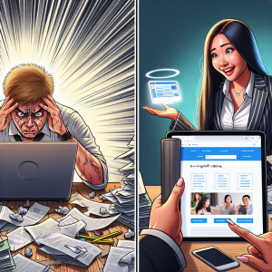 A frustrated business owner looking at a slow-loading DIY website on a laptop surrounded by chaotic paperwork, contrasted with a happy customer interacting with a professional web designer showcasing a tailored website solution.