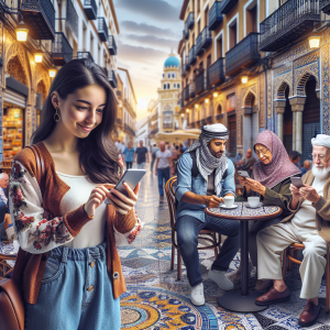 A vibrant scene of a tourist using a smartphone while exploring the streets of Malaga, capturing the essence of mobile-first design in tourism. The image reflects the lively architecture and inviting atmosphere of the city.