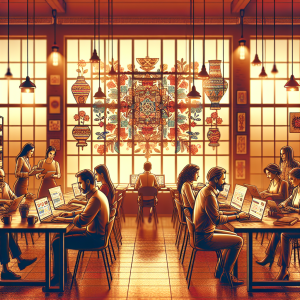 An office scene showing local business owners in Malaga using social media scheduling tools on laptops and tablets, surrounded by warm colors and Spanish cultural decorations.