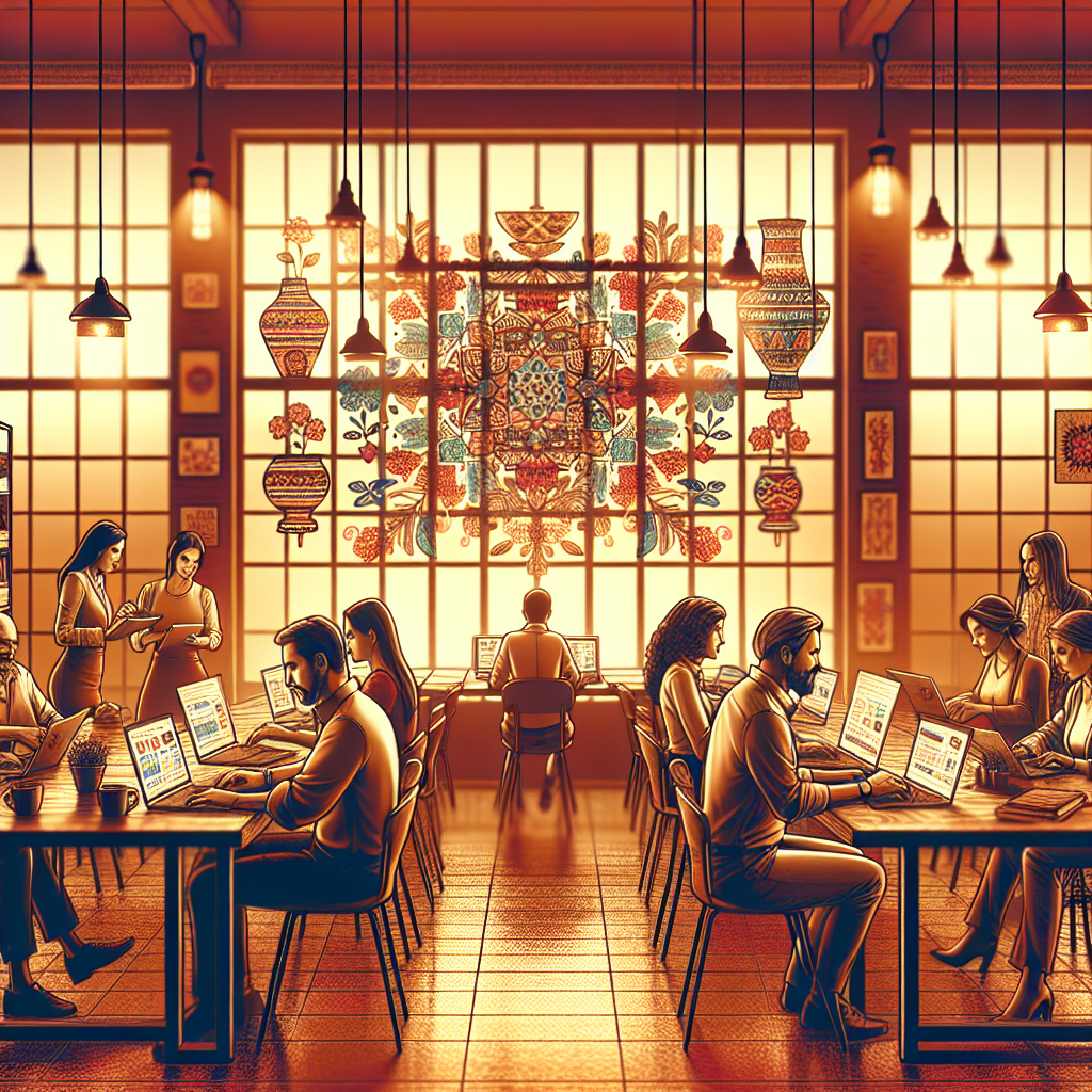 An office scene showing local business owners in Malaga using social media scheduling tools on laptops and tablets, surrounded by warm colors and Spanish cultural decorations.