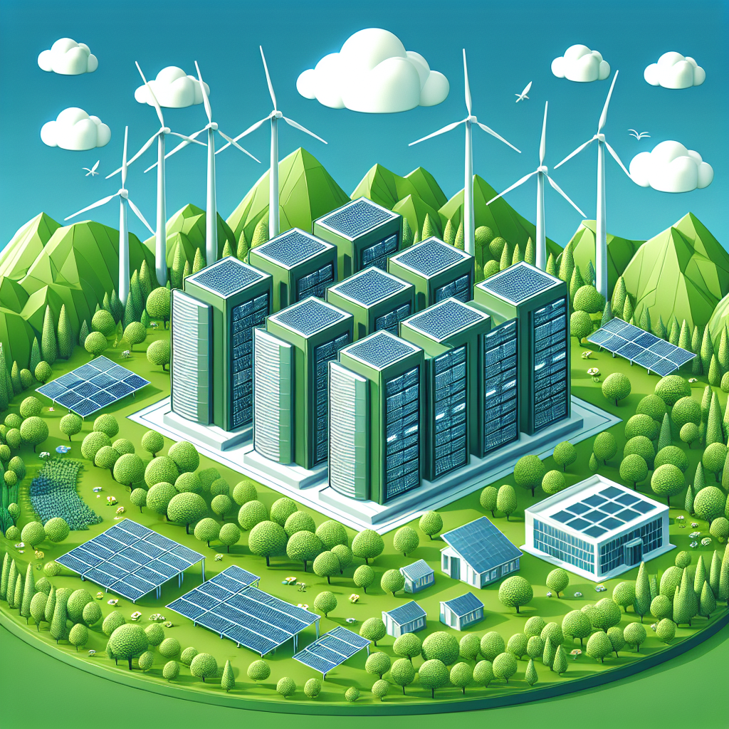 Illustration of a modern web hosting data center surrounded by solar panels and wind turbines, representing eco-friendly web hosting solutions in a vibrant green landscape.