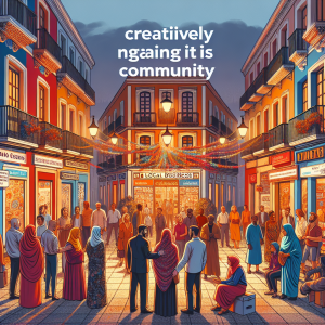 A street scene in Malaga with colorful storefronts, people engaging in conversation, and elements reflecting emotional branding and storytelling in marketing for local businesses.