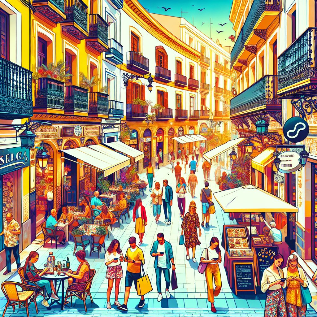 A vibrant street scene in Malaga showcasing local businesses with tourists engaging in voice search through smart devices, highlighting the impact of voice search on local SEO.
