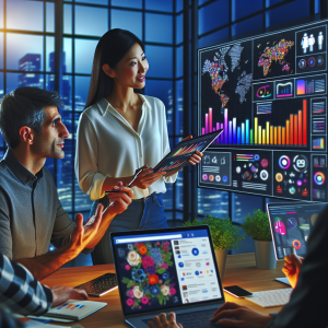 A group of marketing professionals brainstorming and collaborating on Facebook ad designs in a modern office setting, surrounded by charts, digital tools, and vibrant visuals.