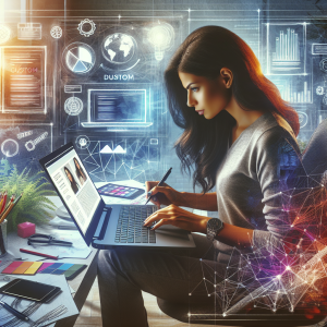 A professional web designer creating a custom HTML website on a laptop, showcasing a bright and modern office environment, highlighting the advantages of bespoke web design for SEO.