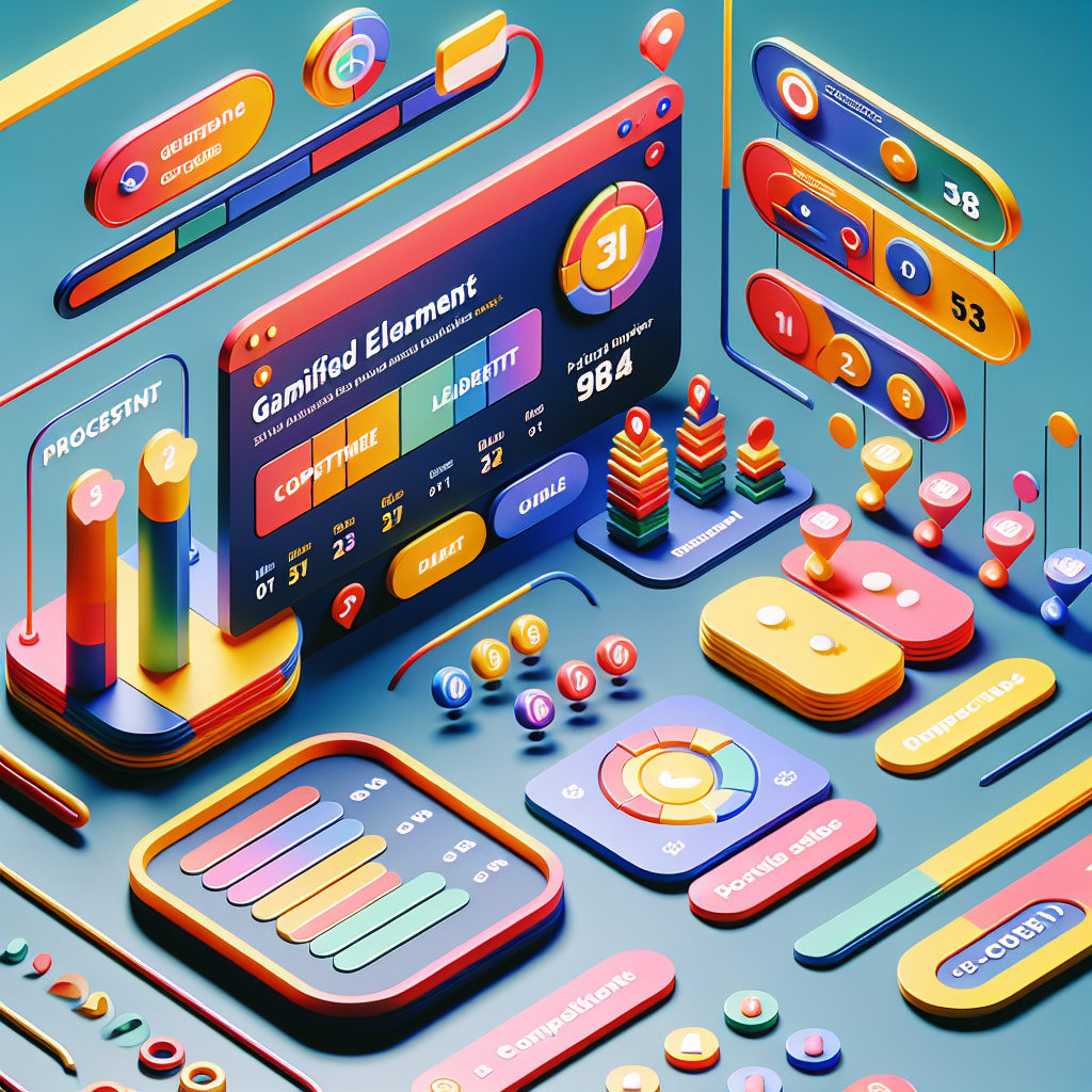 Visual representation of gamification in web design, featuring elements like leaderboards, quizzes, and progress bars in a bright and interactive layout, illustrating user engagement concepts.
