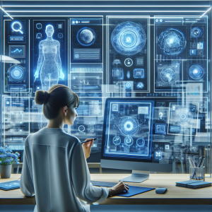 A futuristic digital workspace showing a web designer creating innovative websites with AI-driven interfaces, minimalist layouts, and accessibility features displayed on multiple screens in a clean, professional environment