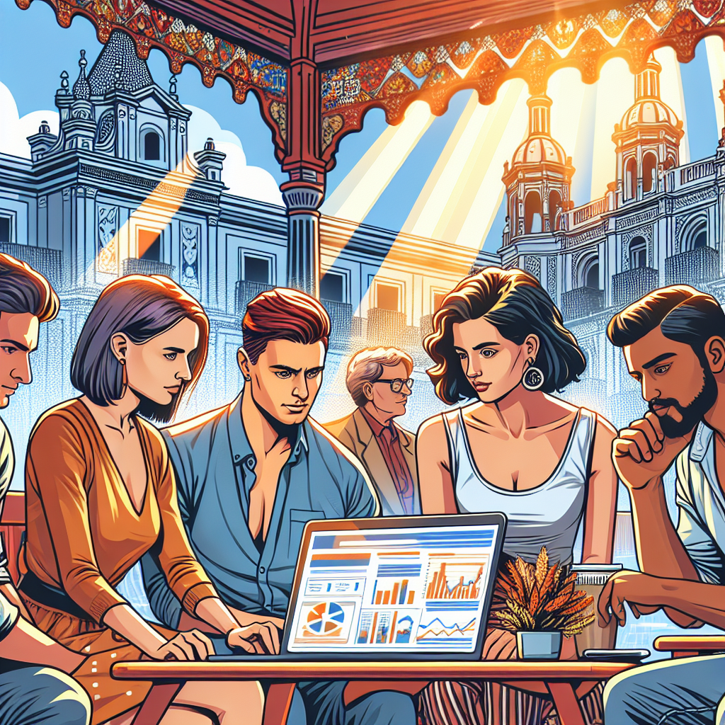 A group of diverse individuals in a sunny Malaga cafe, engaged in researching PPC marketing on a laptop displaying charts, ads, and digital strategies, set against a backdrop of iconic Malaga architecture.