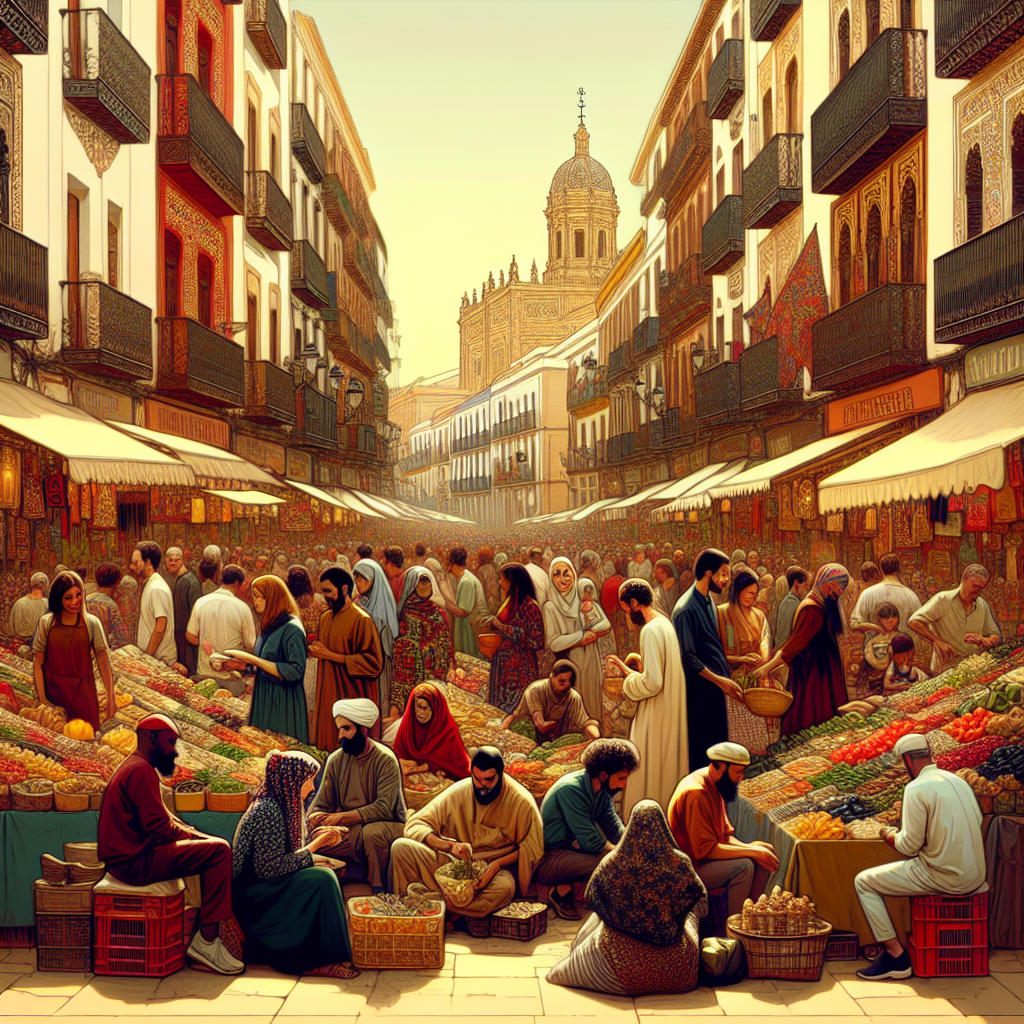 A lively Malaga street market filled with local vendors and engaged customers, showcasing the vibrant community atmosphere and Andalusian architecture in the background.