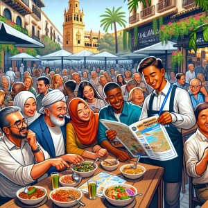 A lively restaurant scene in Malaga showcasing families enjoying meals, travel agents displaying attractive deals, and tourists engaging with a local map, depicting the rich cultural atmosphere of the city and its attractions.