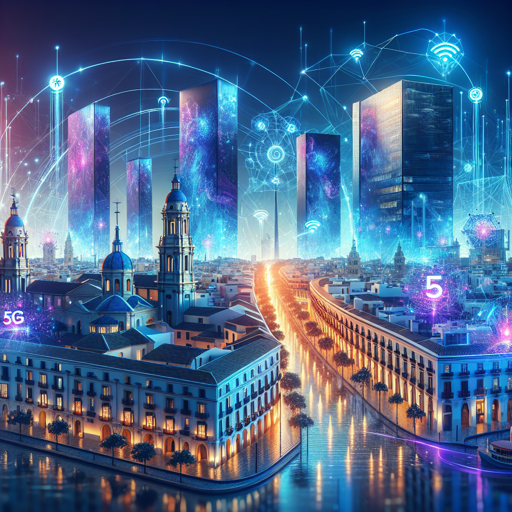 Futuristic cityscape of Malaga showing 5G network towers and digital connectivity with holographic displays, representing the impact of 5G technology on web design and development in Spanish businesses