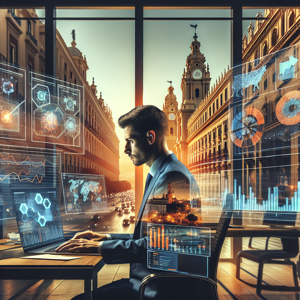 Professional business person analyzing colorful digital marketing analytics and performance metrics on computer screens with Malaga cityscape visible through window, representing data-driven marketing strategy optimization for local businesses