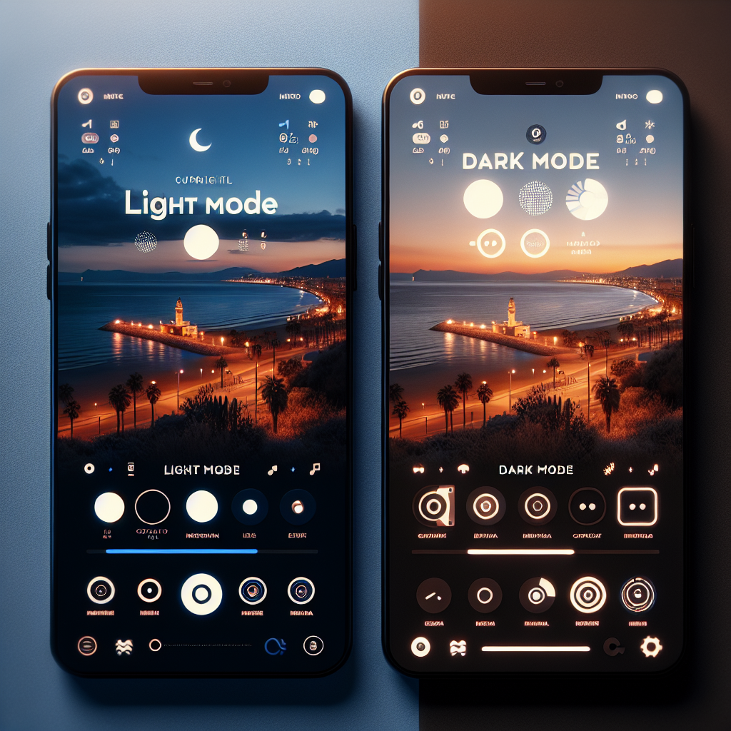 Split-screen smartphone mockup comparing light and dark mode interfaces of a mobile application, displayed against a warm Mediterranean evening backdrop, showcasing modern UI design principles and user experience optimization for better readability and battery efficiency