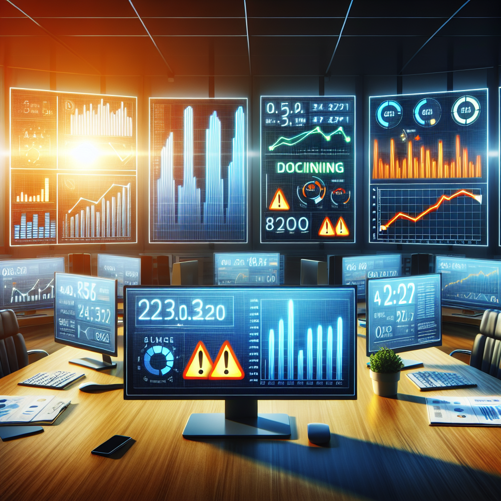 Professional business dashboard displaying digital marketing analytics with multiple computer screens showing declining red performance graphs and warning indicators alongside rising green success metrics after campaign optimization in a modern office environment