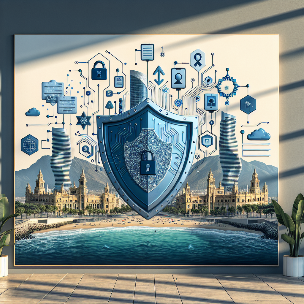 Modern digital illustration showing a protective shield safeguarding personal data symbols including user profiles and mobile devices with Malaga cityscape and Mediterranean coast in background representing data privacy protection for local businesses