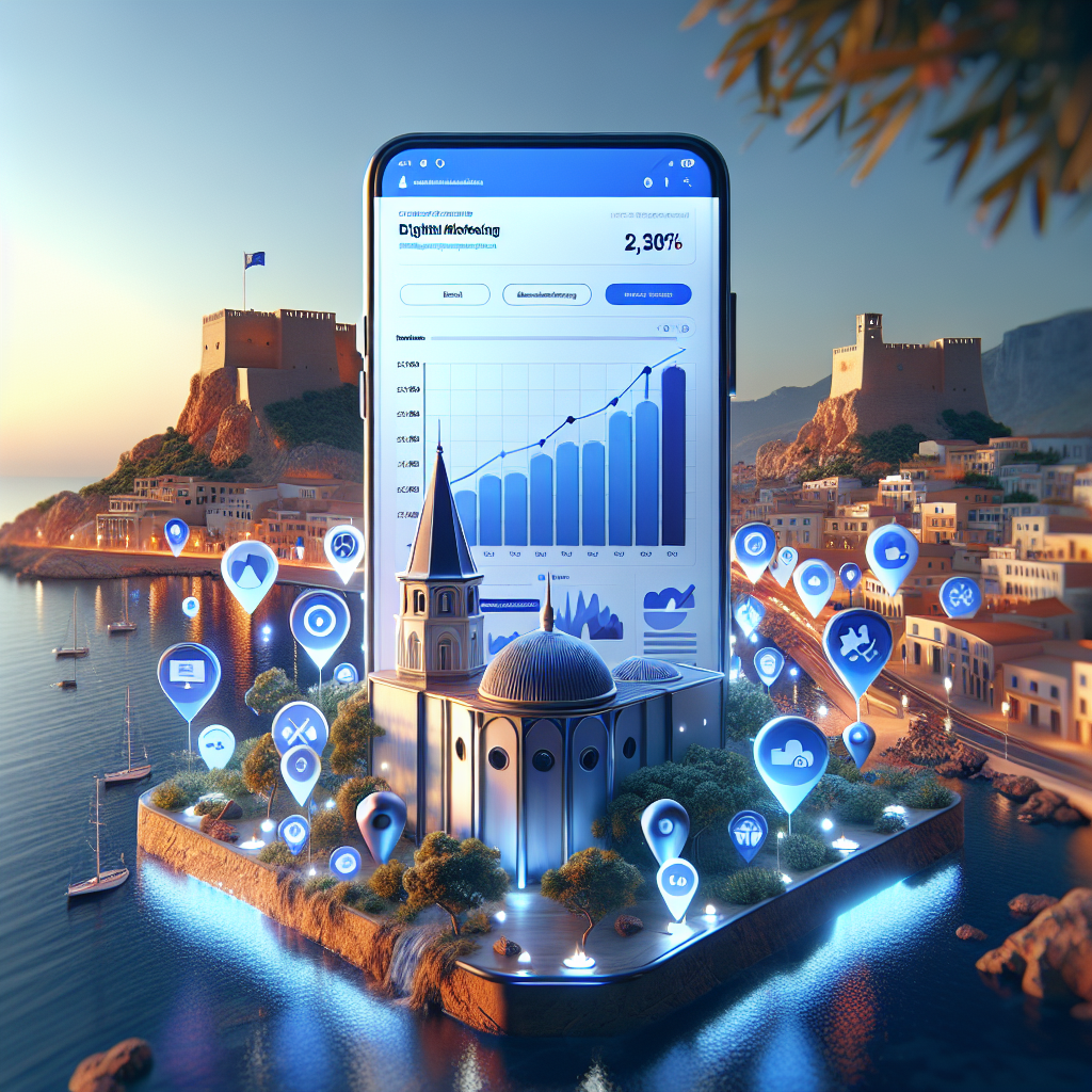 Smartphone displaying Facebook ads manager interface with Malaga cityscape featuring Alcazaba fortress and Mediterranean coast in background, surrounded by floating analytics graphs and targeting icons in blue and white professional design