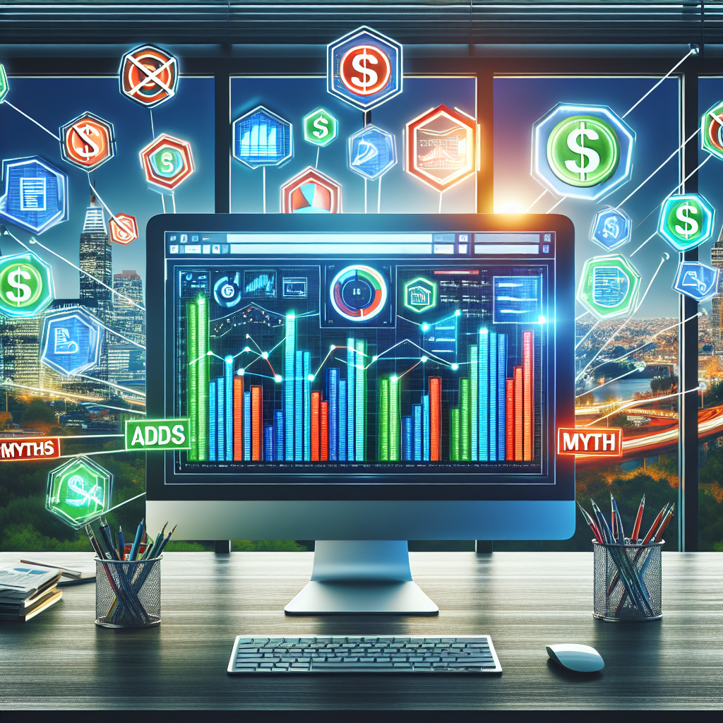 Professional computer screen displaying Google Ads dashboard with colorful performance graphs and analytics data, featuring myth-busting elements and Malaga cityscape in background, representing effective digital advertising management and strategy optimization