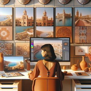 A contemporary graphic design workspace showing a designer creating 3D visuals of Malaga landmarks on computer screens, featuring minimalist Spanish design elements, Mediterranean color palette, and modern design tools in a bright, naturally lit environment