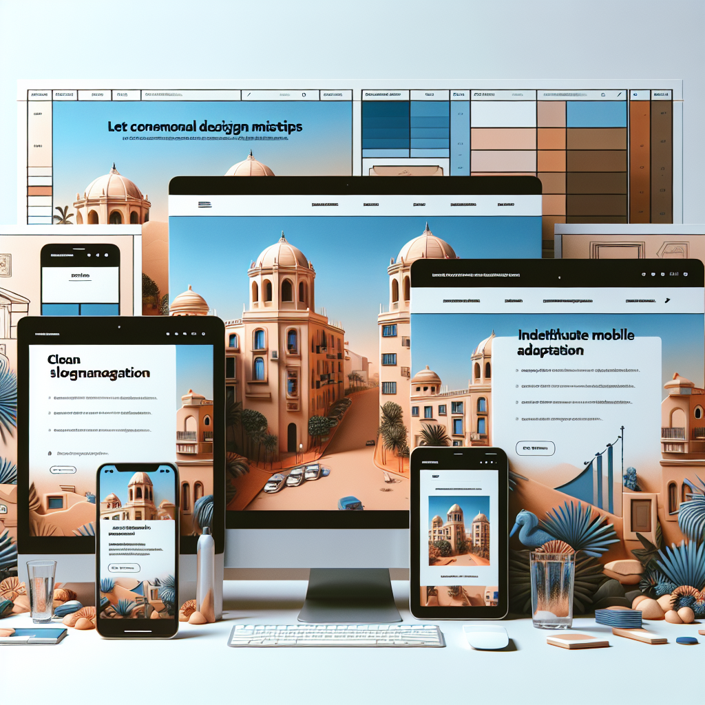 Split-screen comparison showing website design mistakes on mobile and desktop devices with Mediterranean business website examples, contrasting poor design elements like cluttered navigation and slow loading with clean, optimized user-friendly website solutions for Malaga businesses
