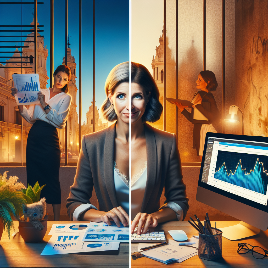 Split screen image showing a business owner with declining sales charts and poor website design on the left, contrasted with the same owner celebrating rising sales next to a modern professional website on the right, set in a contemporary office environment