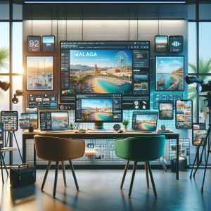 Modern digital workspace showing multiple devices displaying various content formats including blog posts, infographics, and social media content for Malaga business marketing with Mediterranean coastal elements visible in background