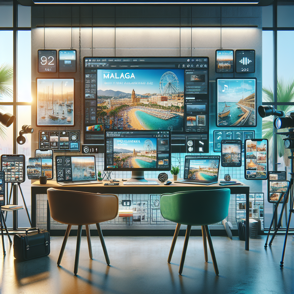 Modern digital workspace showing multiple devices displaying various content formats including blog posts, infographics, and social media content for Malaga business marketing with Mediterranean coastal elements visible in background