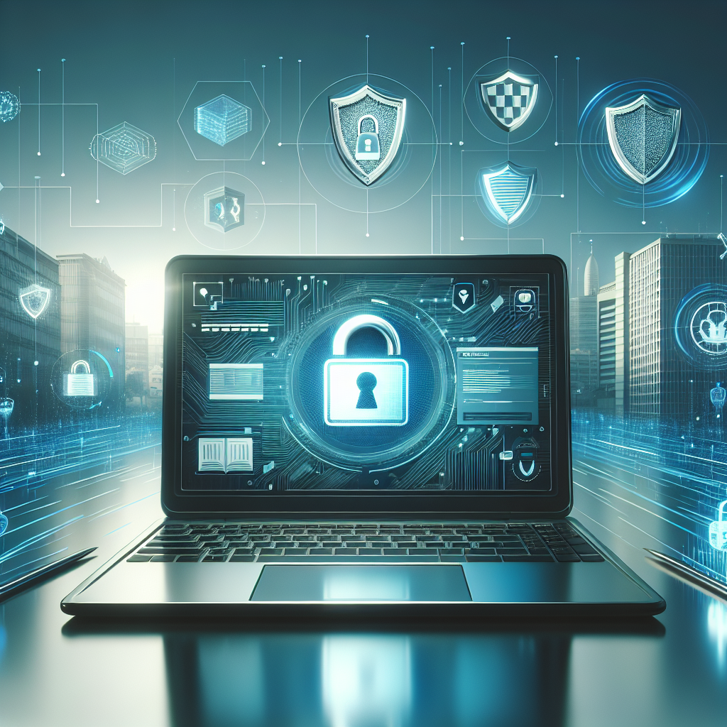 Modern laptop displaying secure website with SSL certificate lock icon surrounded by floating digital shield symbols and encrypted data streams in blue and green colors with Malaga skyline background representing cybersecurity protection for local businesses