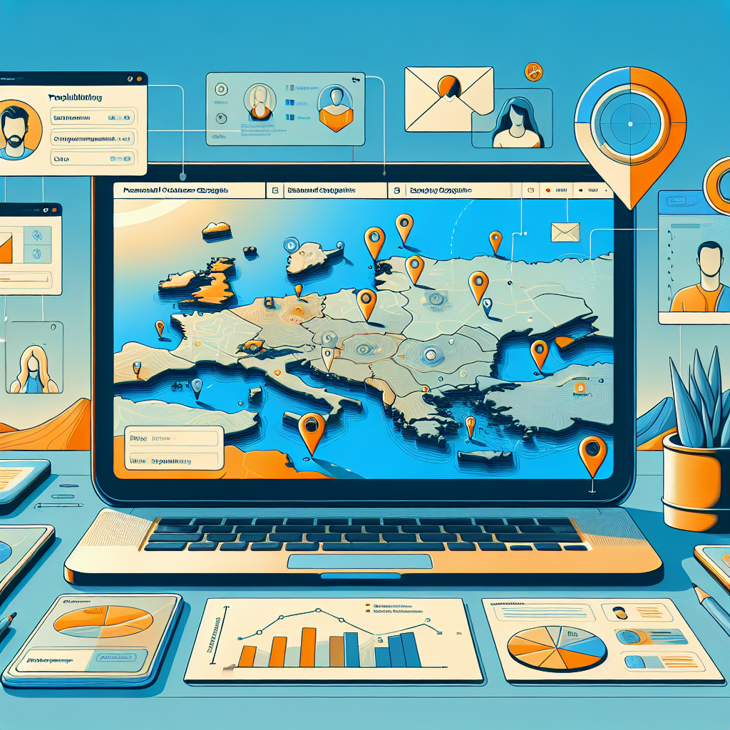 Modern laptop displaying email marketing dashboard with customer segmentation data, location pins on Malaga map, and colorful data visualization charts showing personalized campaign performance metrics