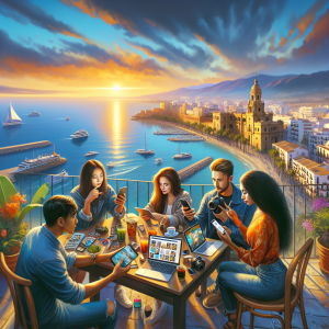 Group of diverse social media influencers and content creators working together at a rooftop cafe in Malaga, Spain, with smartphones and cameras, overlooking the Mediterranean coastline and historic Andalusian architecture during golden hour lighting