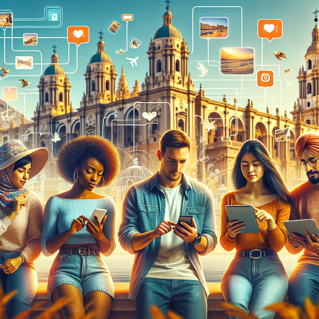 Diverse group of people using smartphones to create user-generated content in Malaga Spain with Cathedral and Mediterranean coast in background, surrounded by floating social media elements showing photos reviews and hashtags representing digital marketing and community engagement