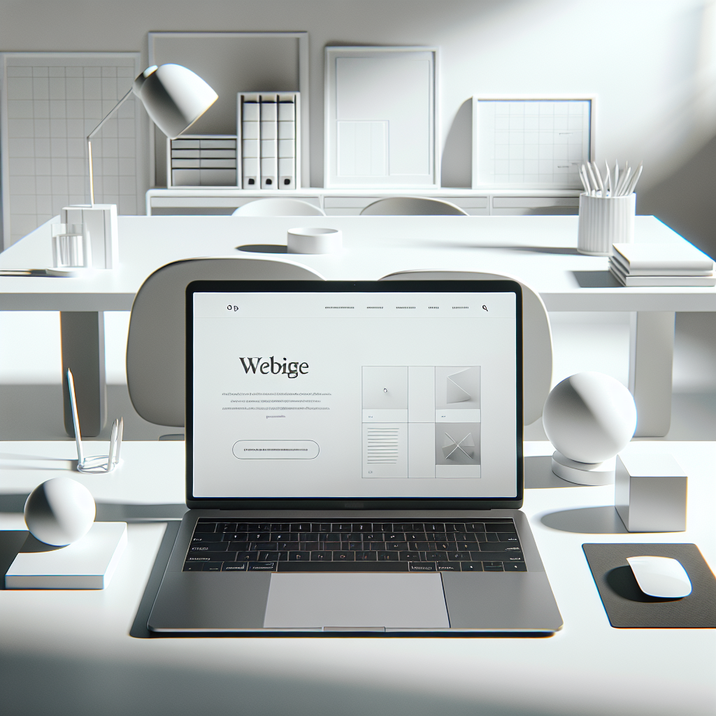 Clean modern workspace showing minimalist website design on laptop screen with white desk and geometric elements demonstrating professional web design principles