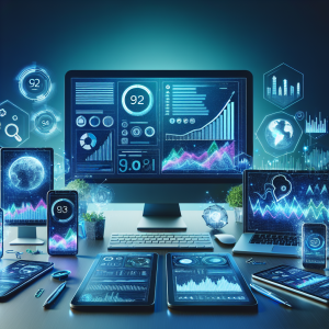 Modern digital marketing workspace showing computer screen with SEO analytics dashboards, mobile devices, and growth charts representing 2024 SEO trends including voice search optimization and mobile-first indexing for small businesses