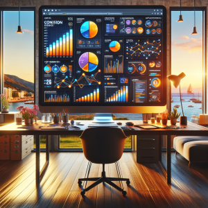 Modern workspace showing computer screens displaying colorful conversion rate optimization dashboards, A/B testing results, and website analytics with Mediterranean coastal views through window representing Malaga business environment