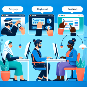 Illustration showing diverse people using assistive technologies including screen readers and keyboard navigation to access websites on various devices, representing inclusive web design and digital accessibility principles