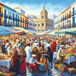 Vibrant outdoor market scene in Malaga showing diverse community members interacting with local business owners at colorful market stalls with traditional Spanish architecture in the background representing local community building and engagement strategies
